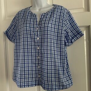 LLBEAN checked button down blouse.